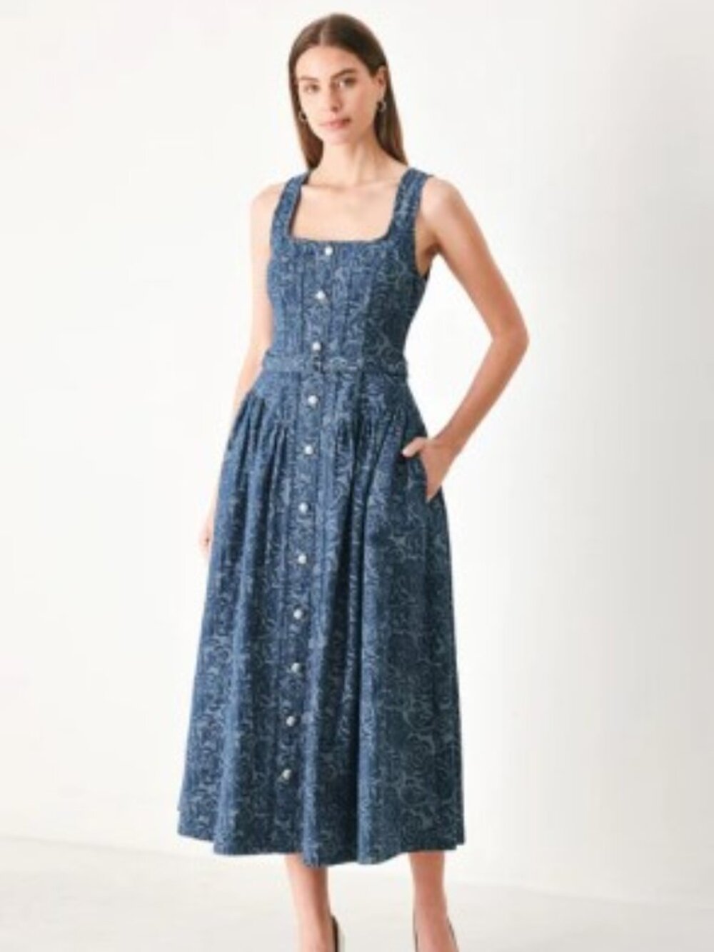 Vintage Blue Garden Denim Toile Button Front Midi Dress